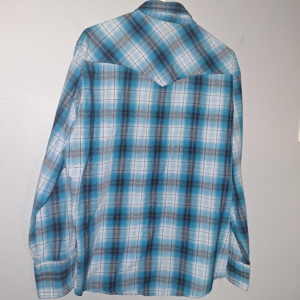 Wrangler Western Fasion Pearl Snap Buttons Shirt Mens Sz Large L Blue - Picture 5 of 5